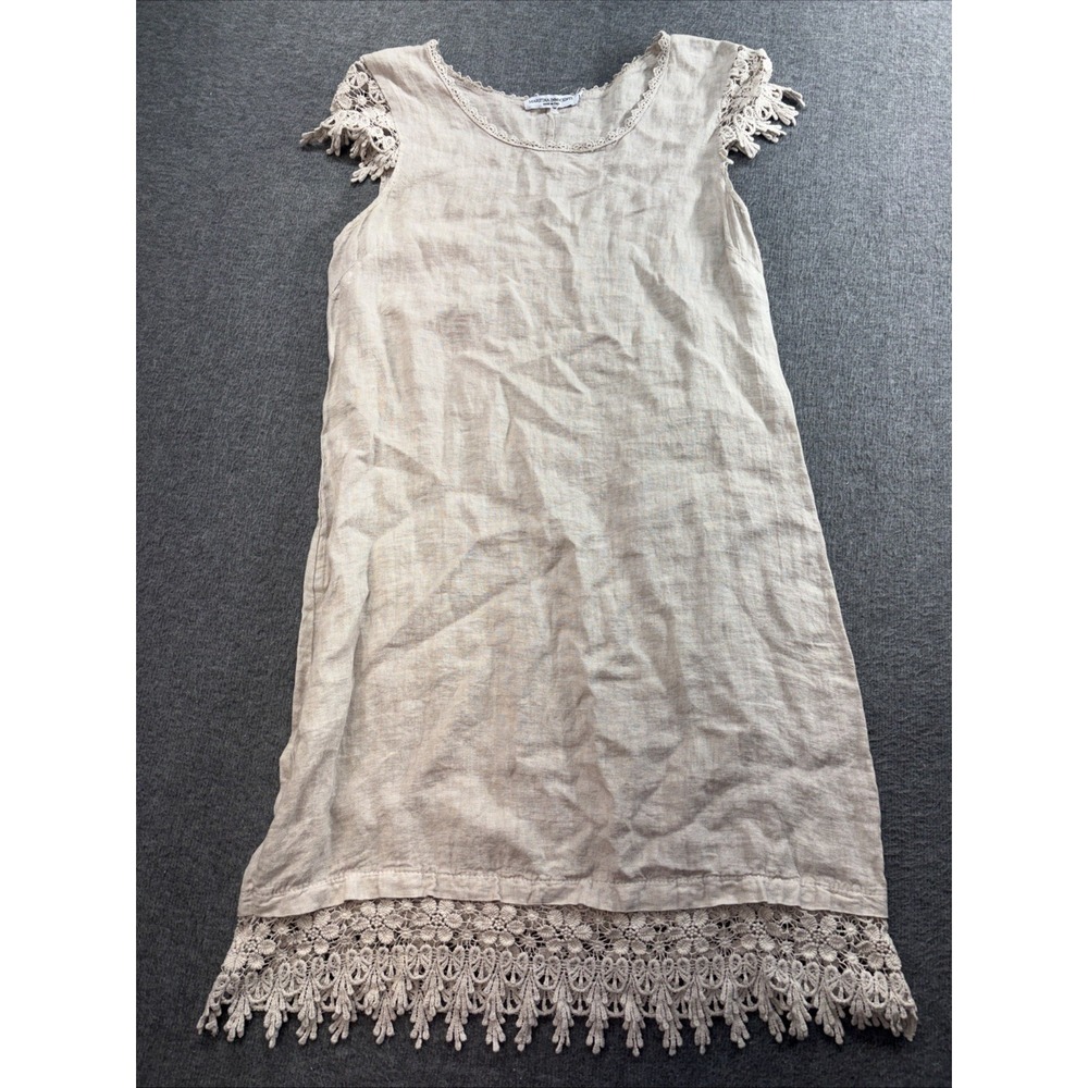 beige linen shift dress with crochet cap sleeves Martina Innocenti Small
